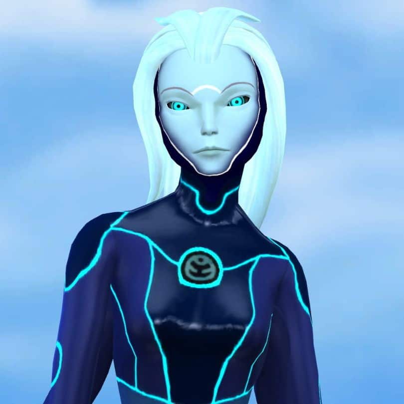 light blue alien wearing a space suit