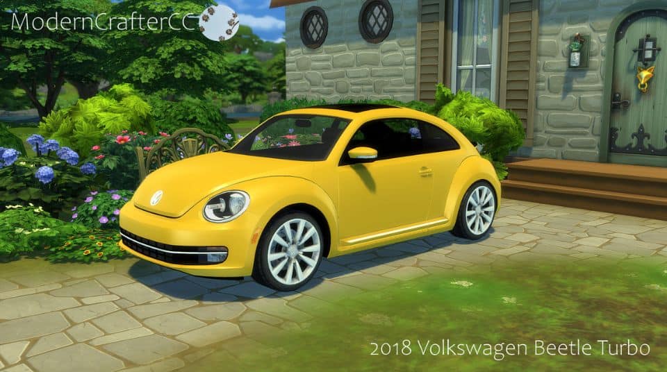 yellow volkswagen beetle in front of house