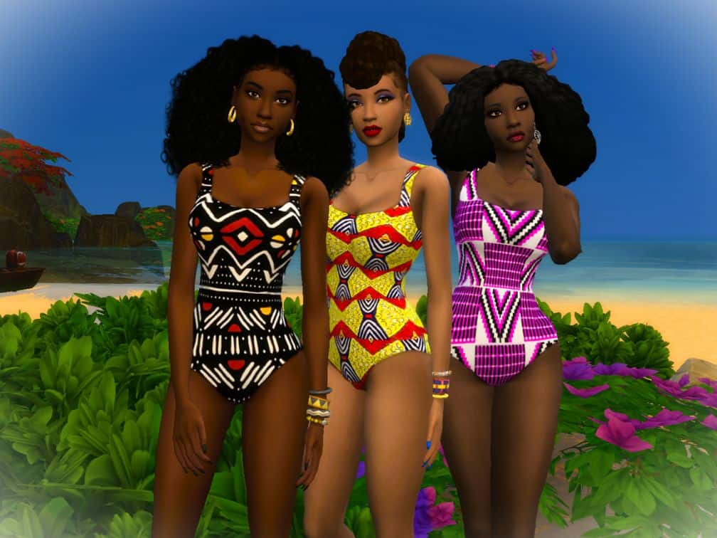 trio of female sims wearing swimsuits with African Ankara prints