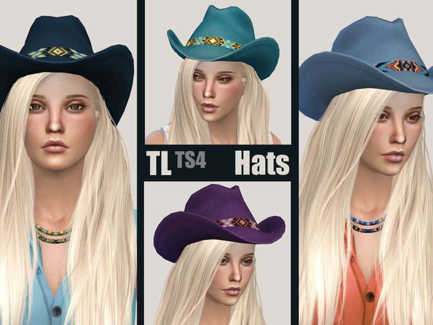 female sims wearing colorful cowboy hats