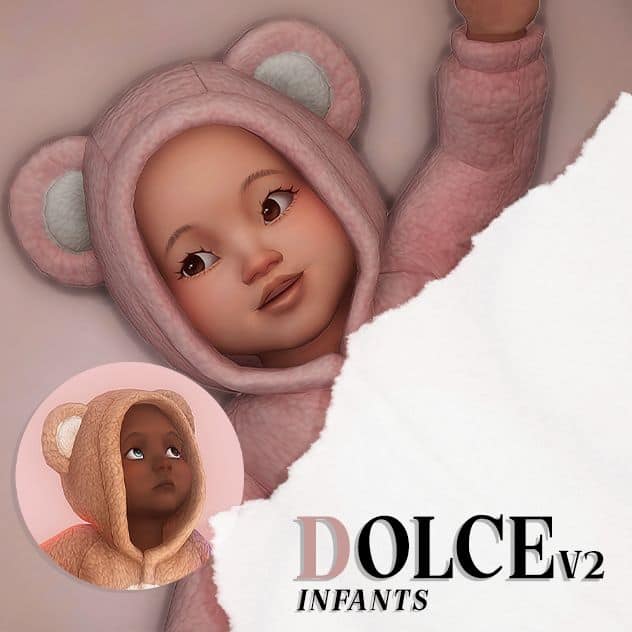 infant sim in bear outfit with round eyes