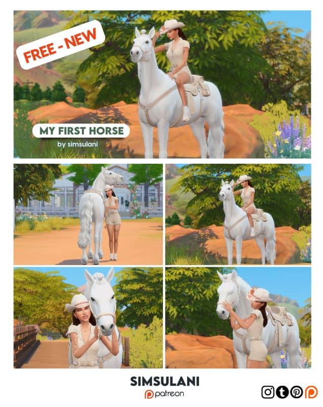 collage of poses of female sim with a horse