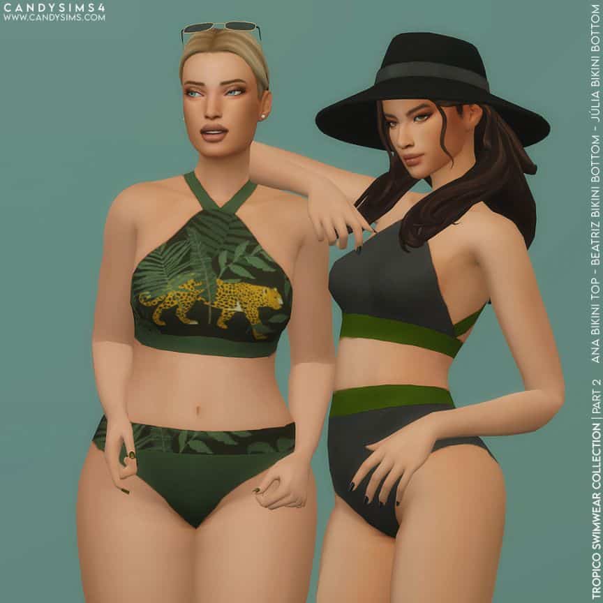 female sim wearing animal print bikini and other plain colors