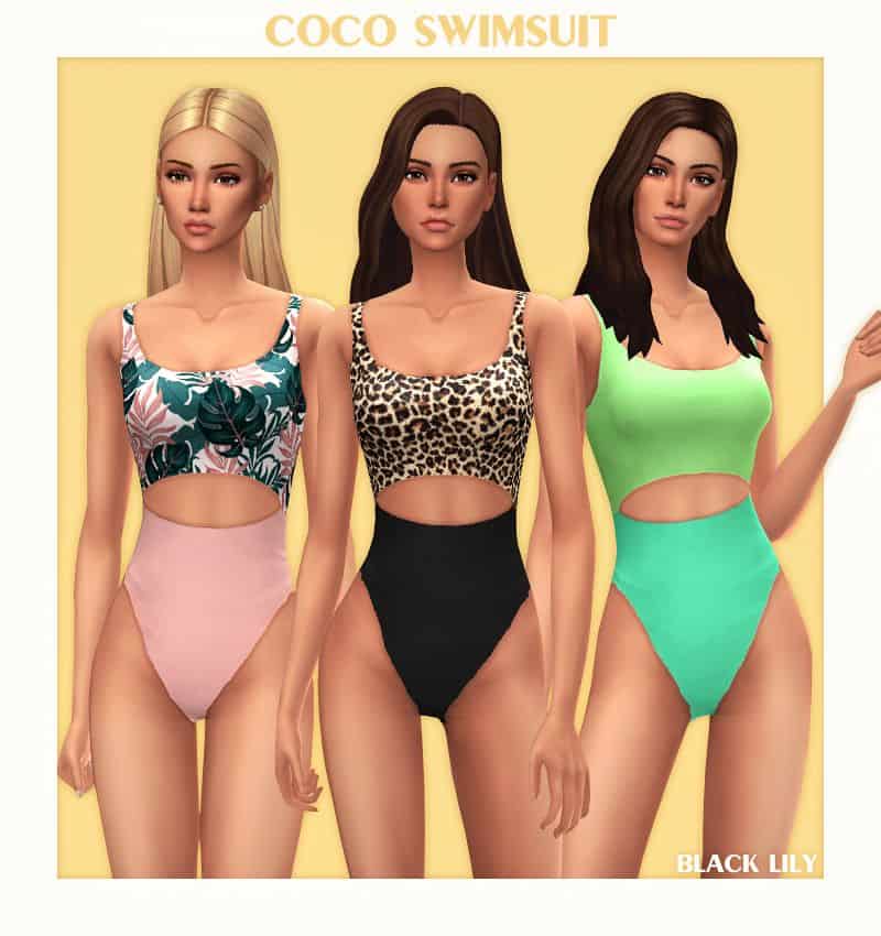 female sims wearing bathing suits with center cut out