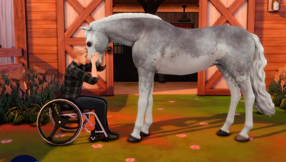 sim in wheelchair with a horse