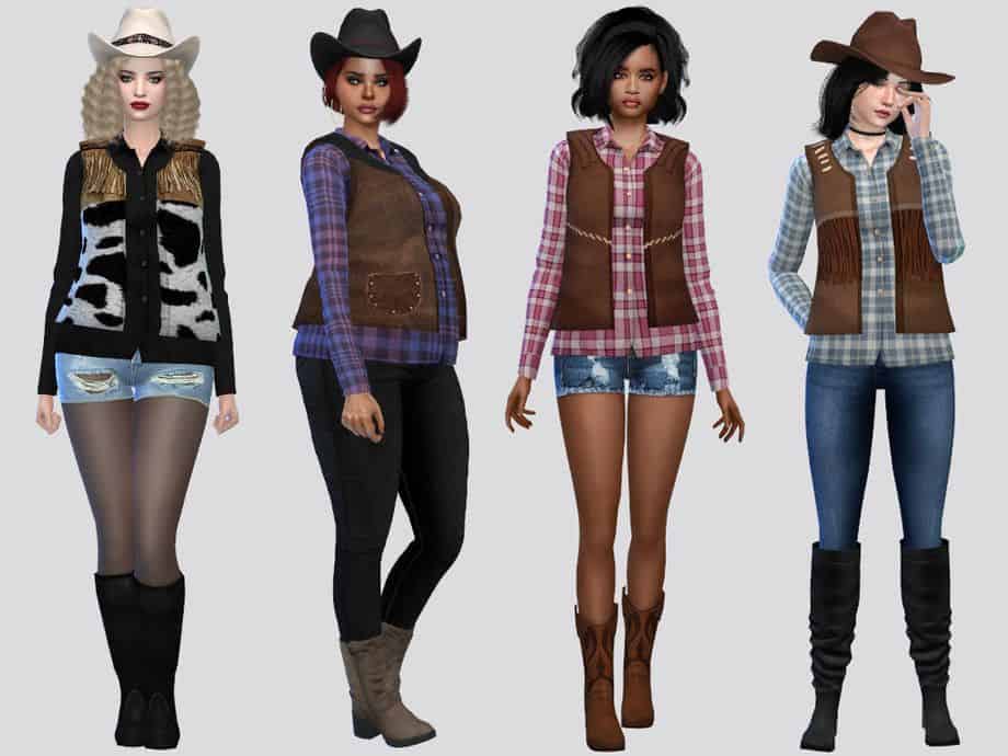 female sims wearing horse ranch style vests