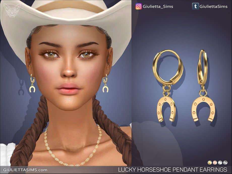 female sim wearing horseshoe pendant earrings