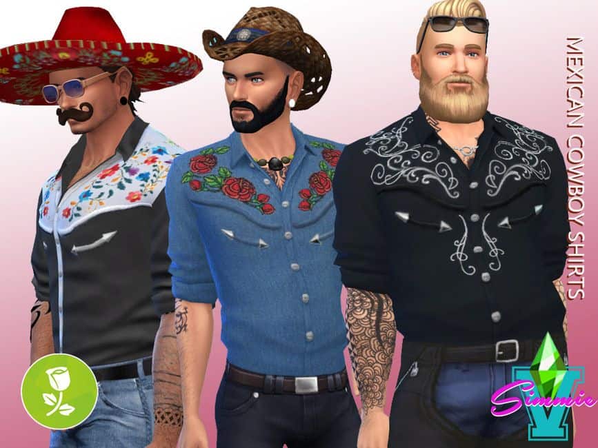 male sims wearing shirts with embroidery