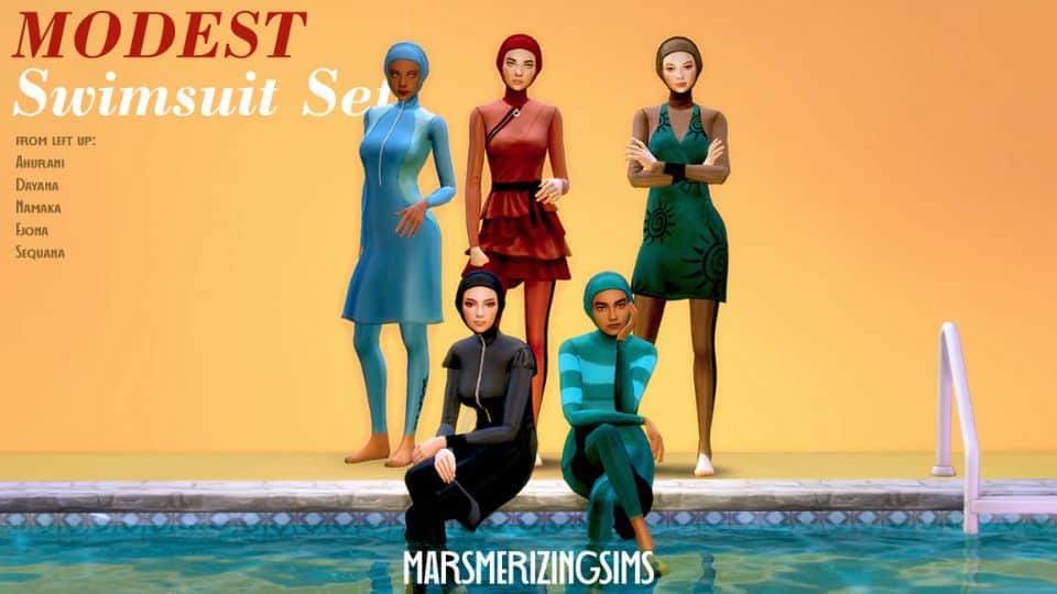 five female sims wearing modest swimsuits