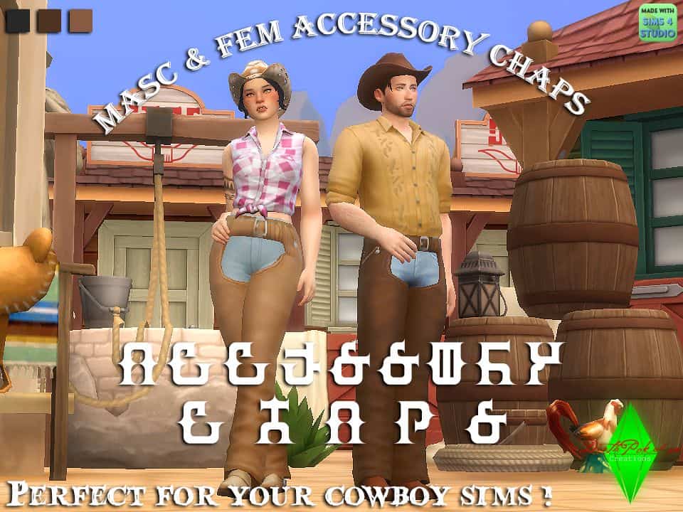 sim couple wearing accessory chaps