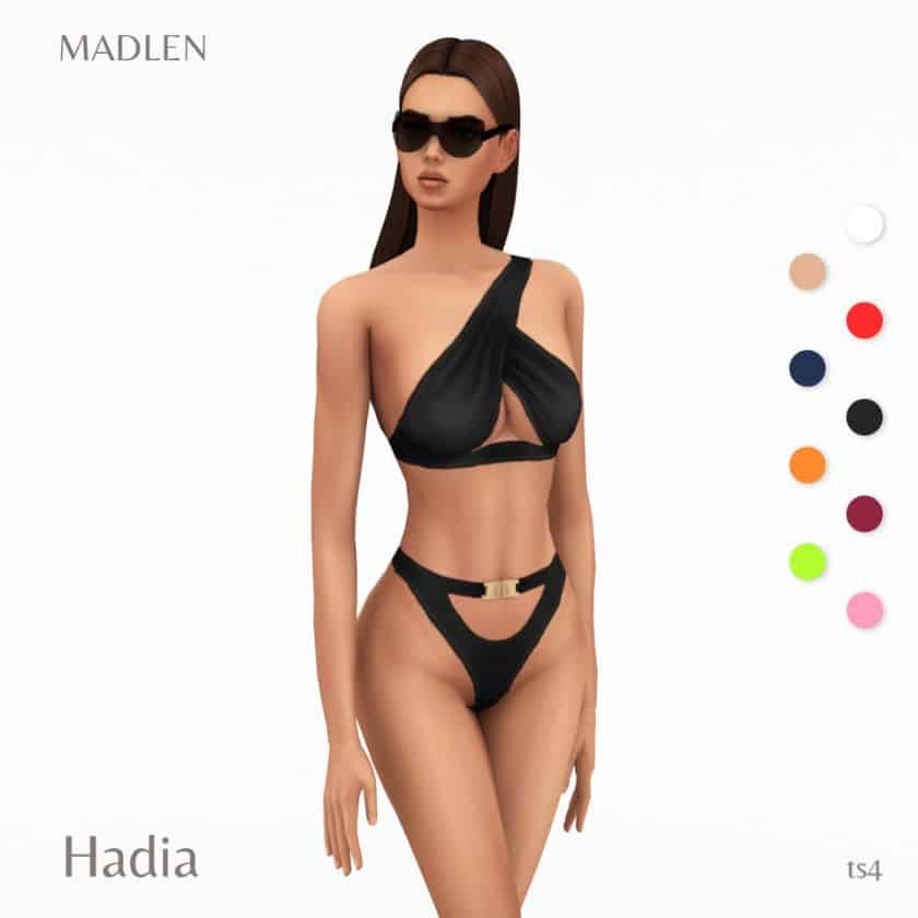 female sim wearing one shoulder sexy bikini