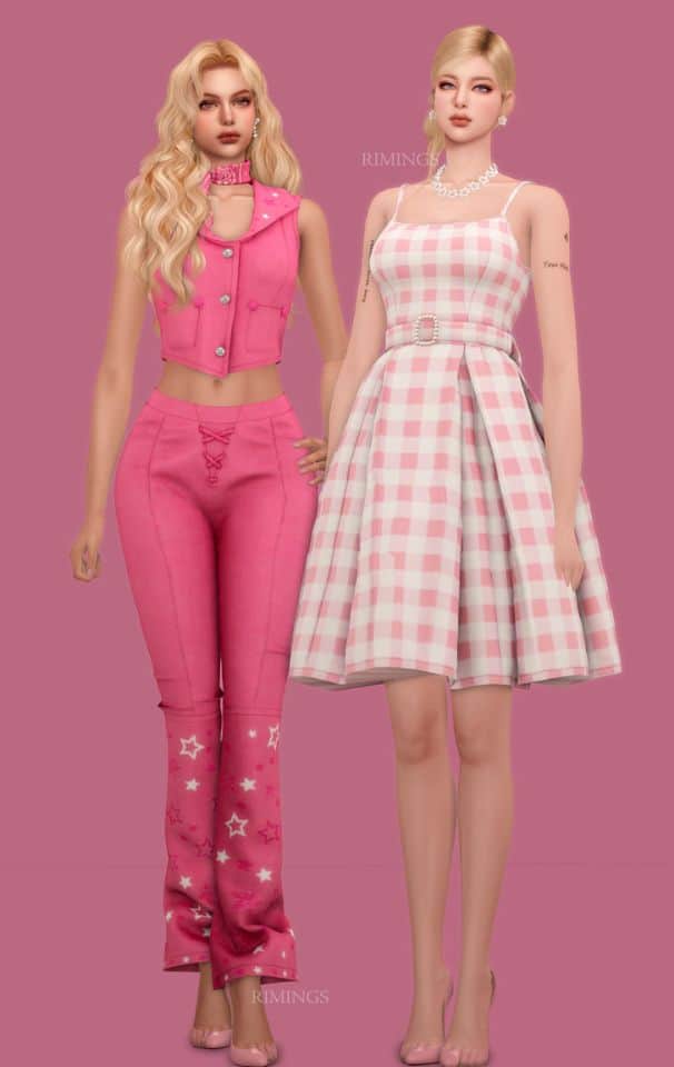 pink Barbie cowgirl outfit and checkered dress