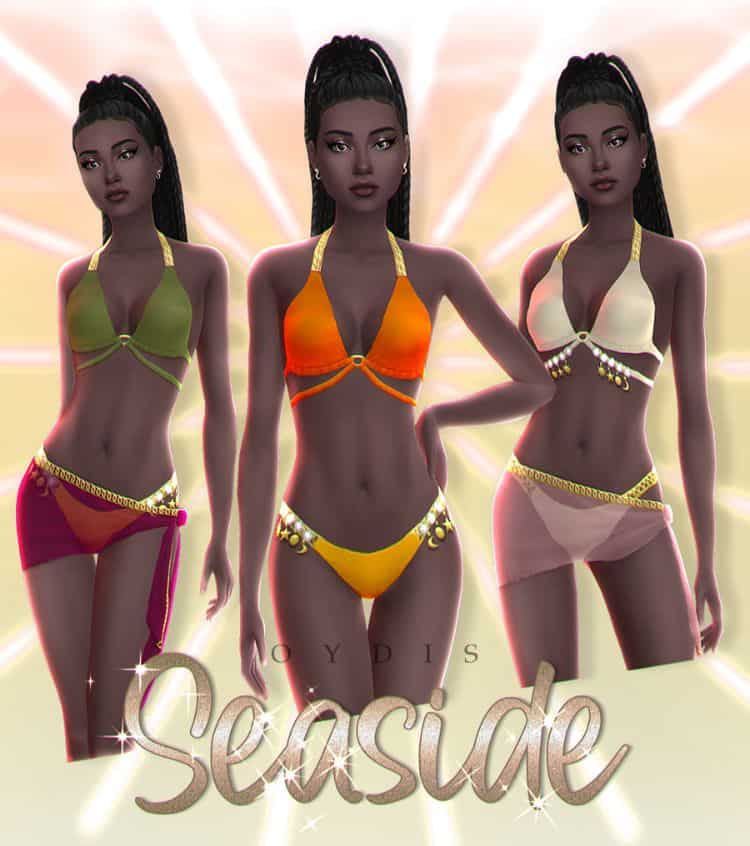 female sims modeling halter style bikinid and cover-ups