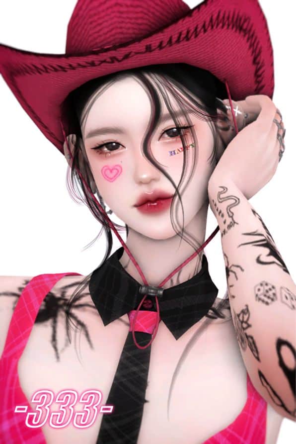 female sim wearing red cowboy hat