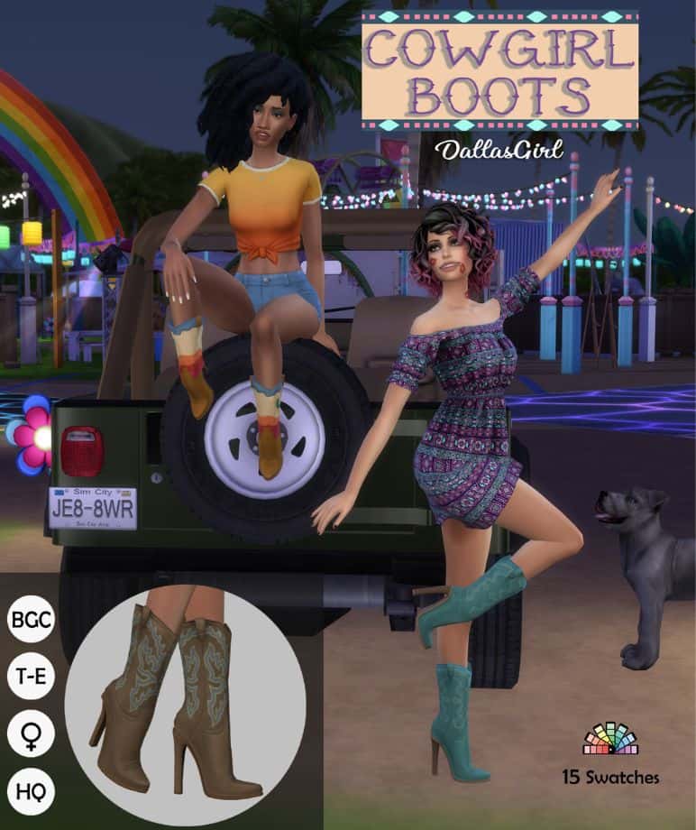 female sims modeling high heel cowboy boots