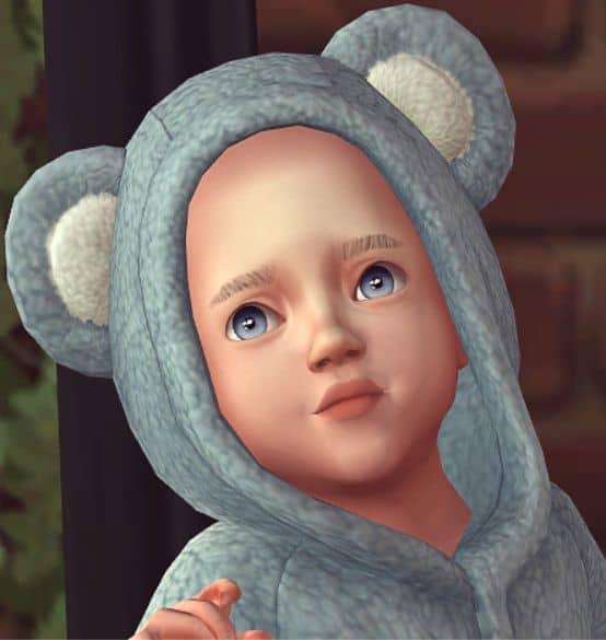 infant sim in bear suit with blue round eyes