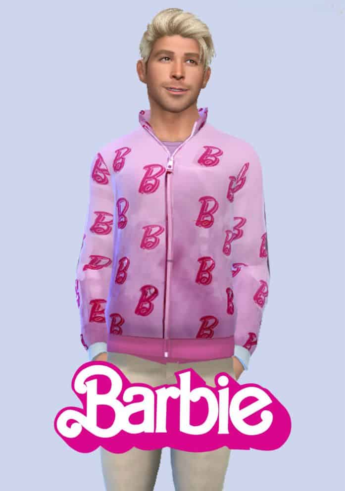 Ken sim wearing a pink sweater with Barbie "B" on it