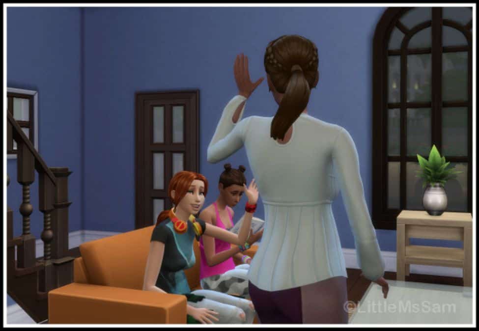 sim waving at others in living room