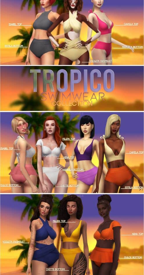10 female sims sporting different models of swimsuits