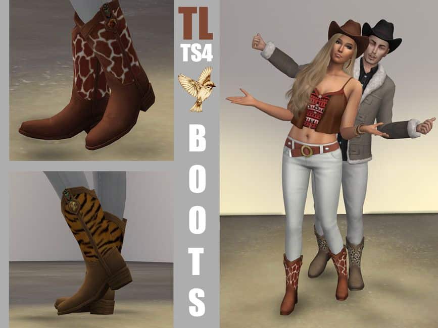 sim couple wearing fur cowboy boots