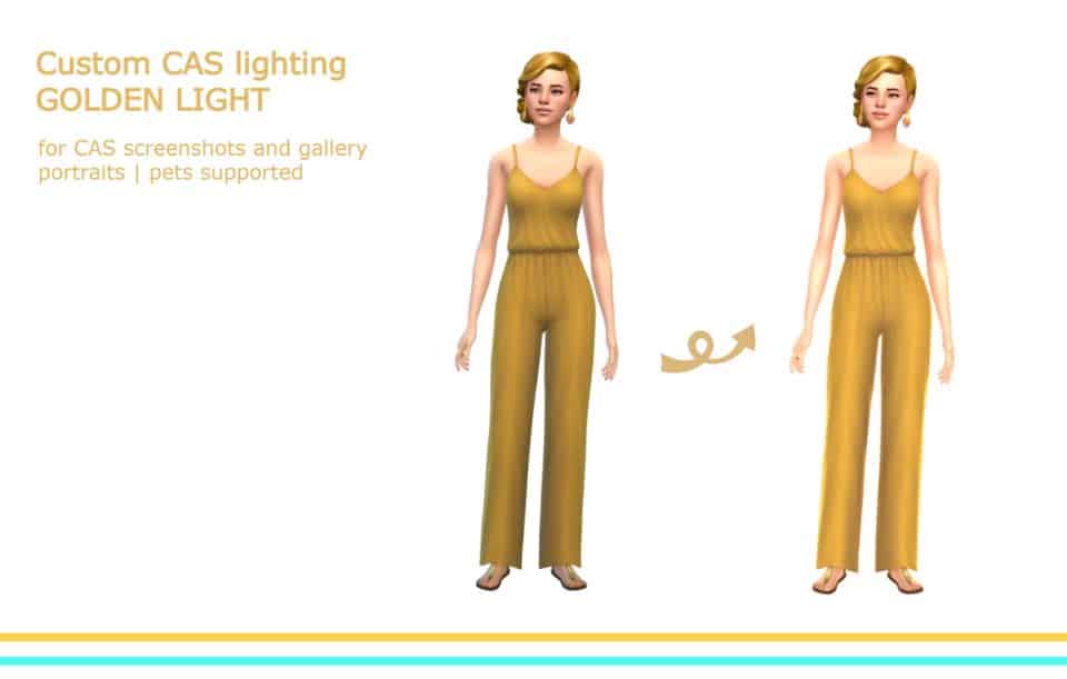 collage sim in gold outfit in different lighting