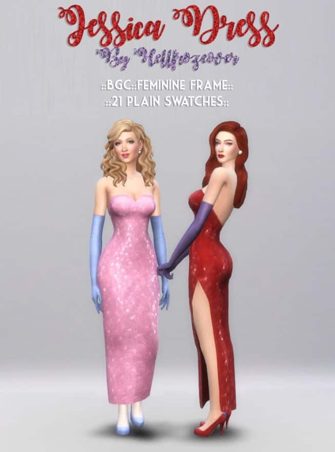 female sims wearing Jessica Rabbit dresses