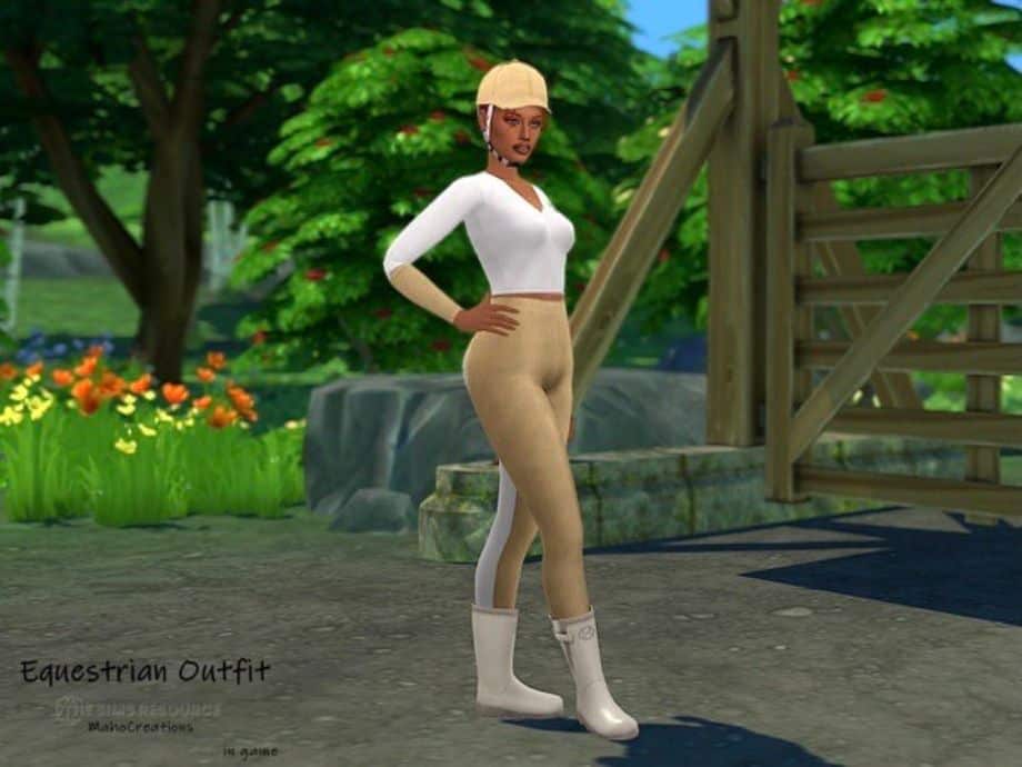 female sim wearing full equestrian gear