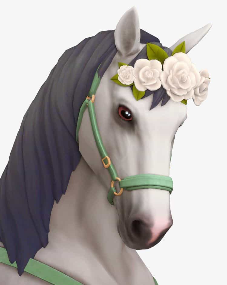 horse with white flower crown