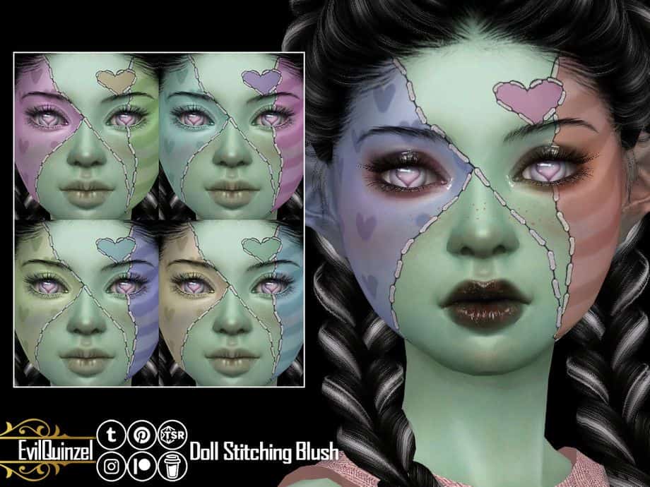 female sim with Halloween doll face stitching