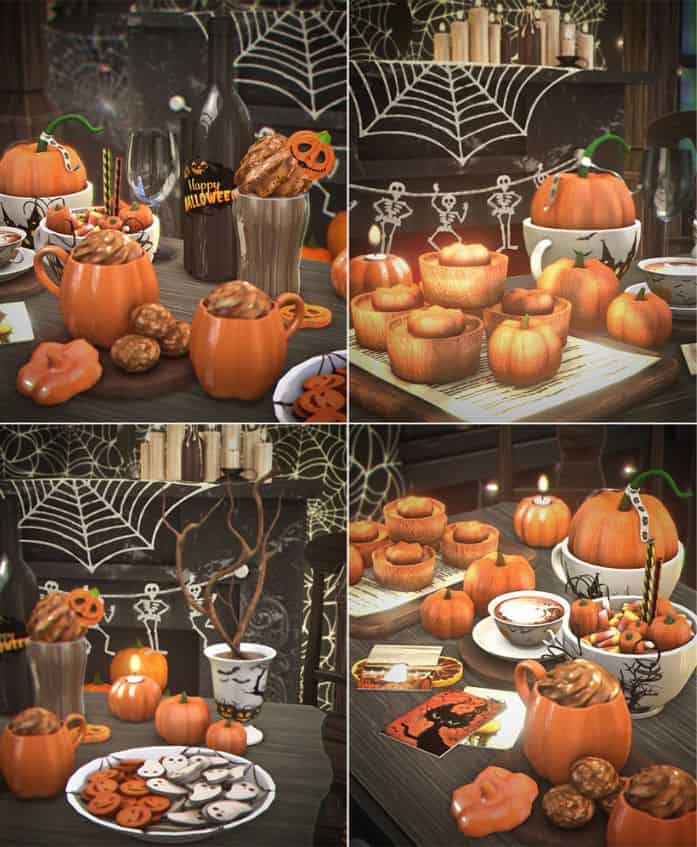 spread of Halloween food, drinks and candles