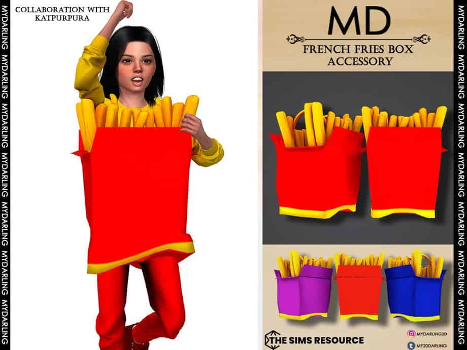 sim wearing a French fries box costume
