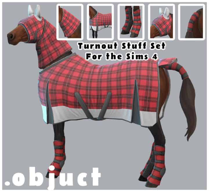 brown horse covered in red plaid turnout gear