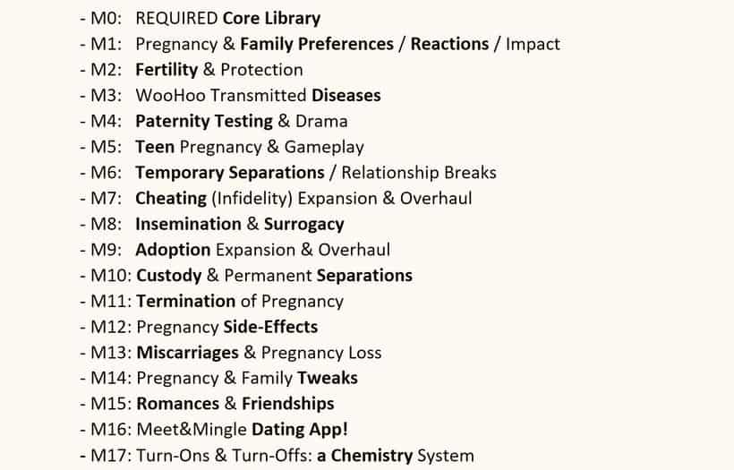 list of mods for pregnancy and relationship