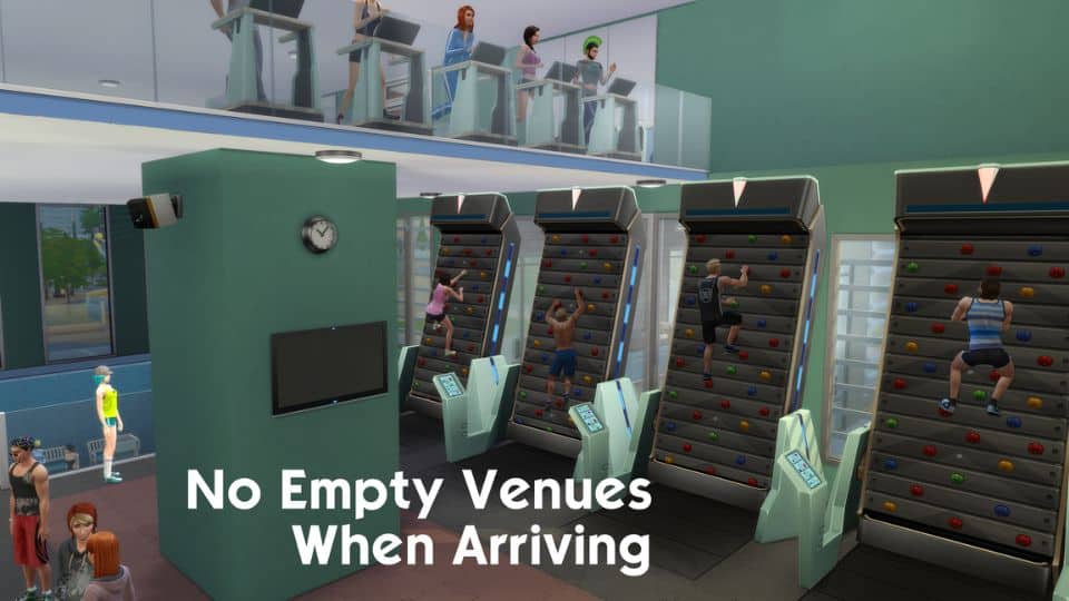Sims trong khung cảnh phòng tập thể dục với những bức tường leo núi