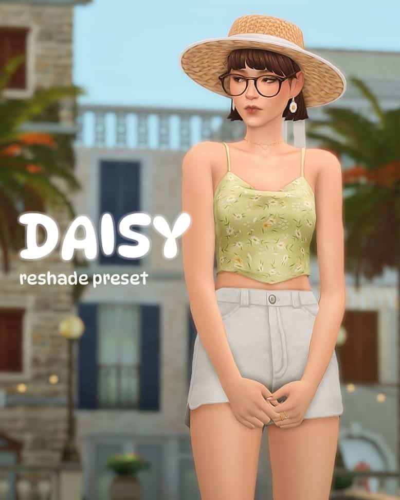sim girl with glasses in tropical town