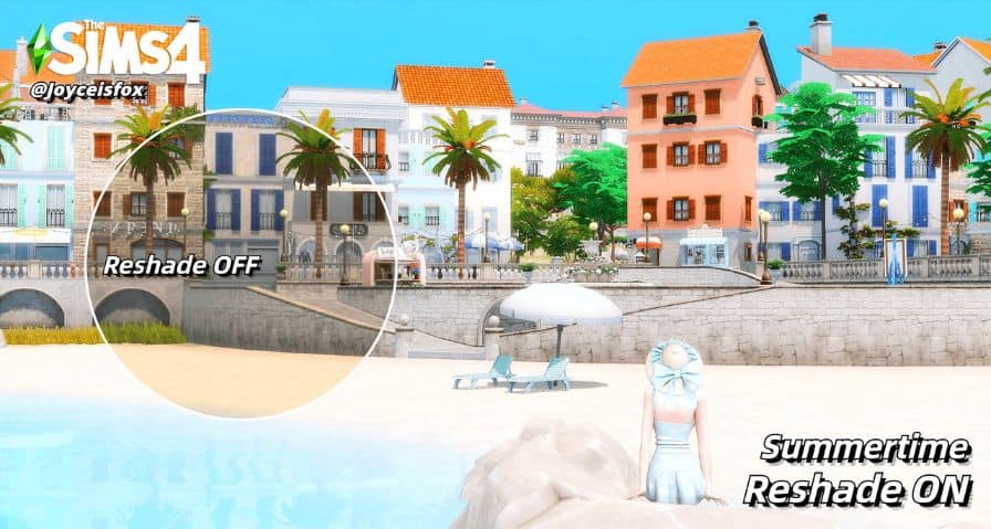 sim woman on beach looking at town