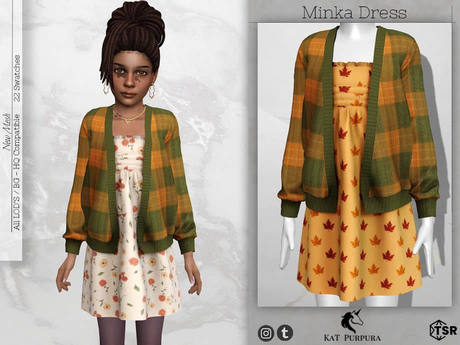 sim kid wearing fa dress and cardigan in fall designs