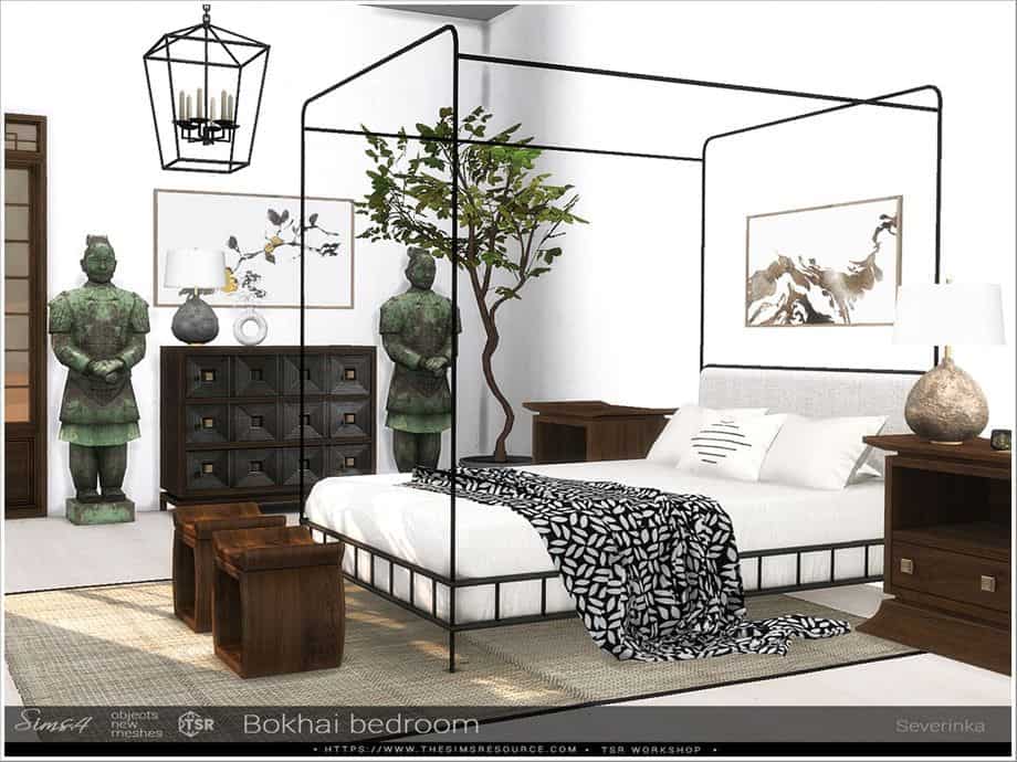 modern bedroom cc set with two statues at the back