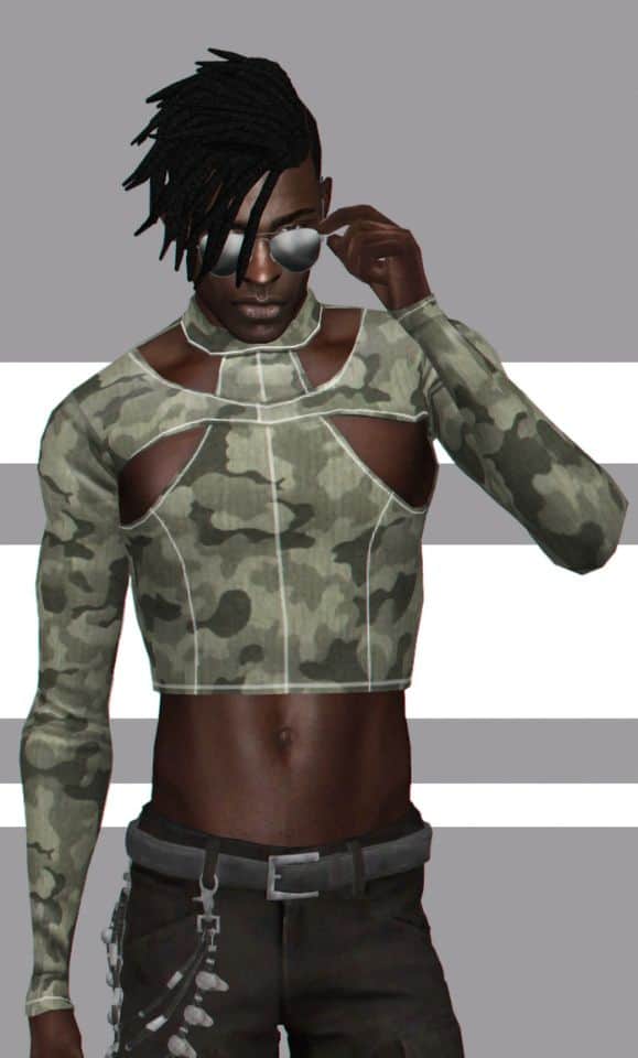 male sim wearing a camo crop top