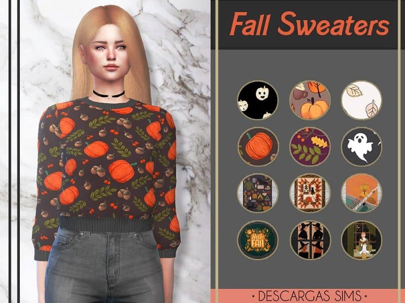 female sim wearing a pumpkin design sweater