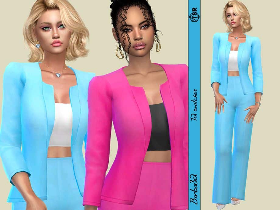 female sims posing in bright colored suits