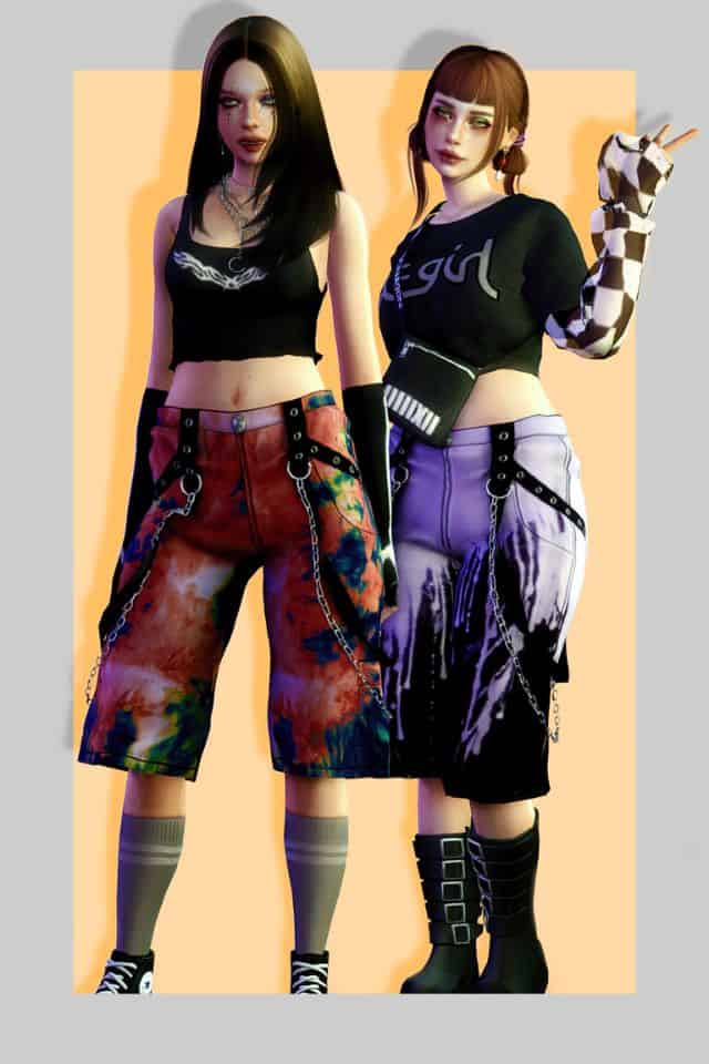 female sims sporting long shorts with paint splatter designs