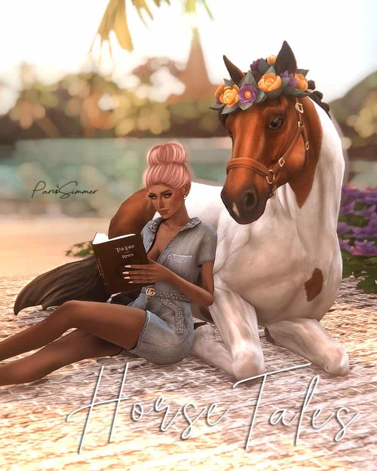 sim reading book leaning on horse