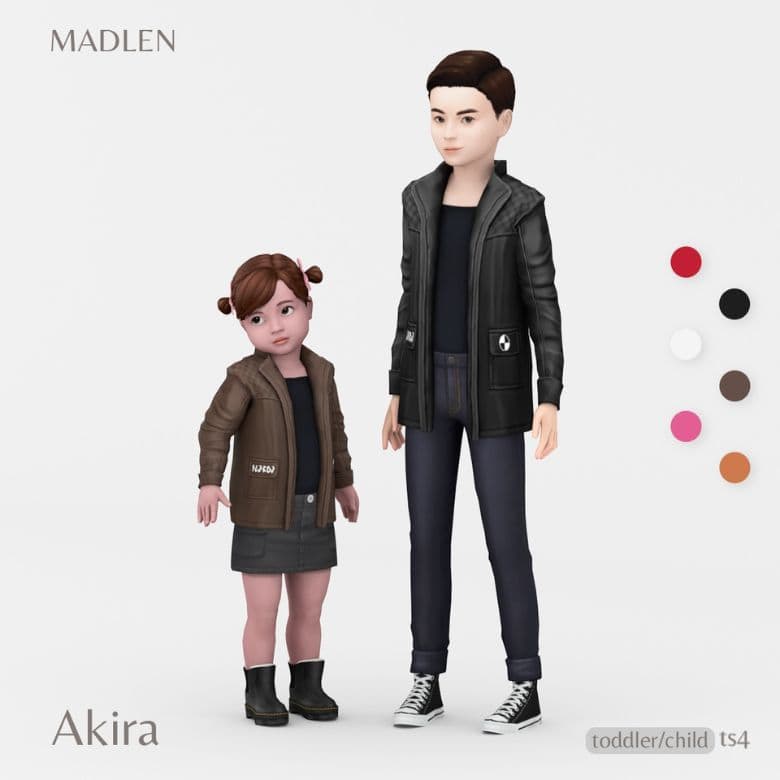 sim child and toddler wearing matching leather jackets