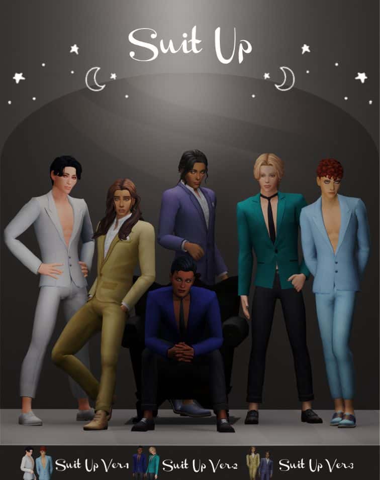 six male sims wearing a deep V suit