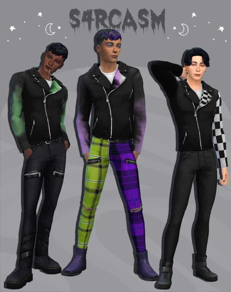 three male sims wearing modern leather jackets