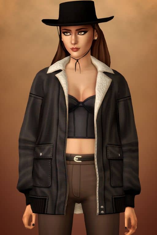 female sims wearing an oversized black leather jacket