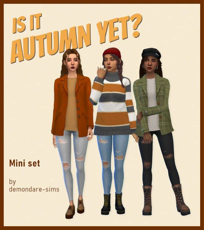 trio of female sims wearing casual autumn clothing