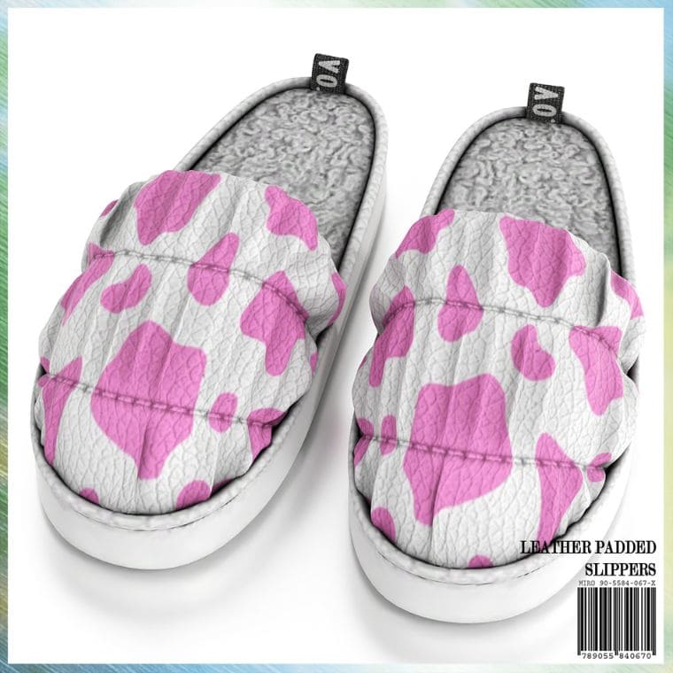 white slippers with pink cow print