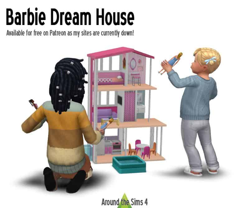 two sim kids playing with Barbie dream house